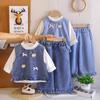 Girls' Denim Butterfly Knot Three-Piece Suit: Spring/Autumn Vest & Long Pants Set
