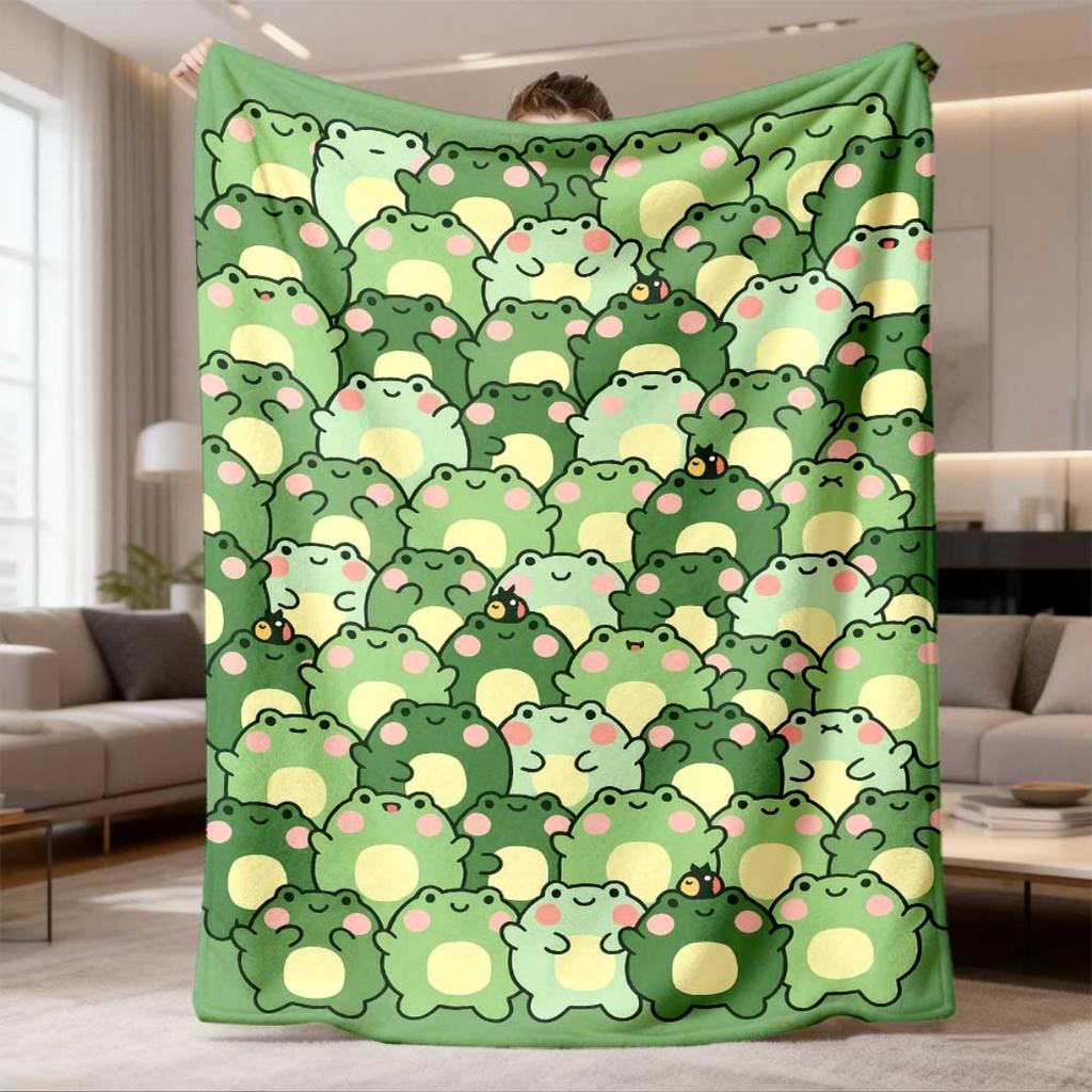 2026 New Arrival Flannel Blanket 1pc One Comfortable Green Cute Cartoon Frog Themed Pattern Flannel Blanket, Fashionable, Soft,