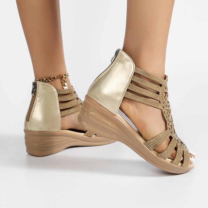 Women's European & American Summer Rhinestone Wedge Sandals – Soft Sole Open-Toe High Heel