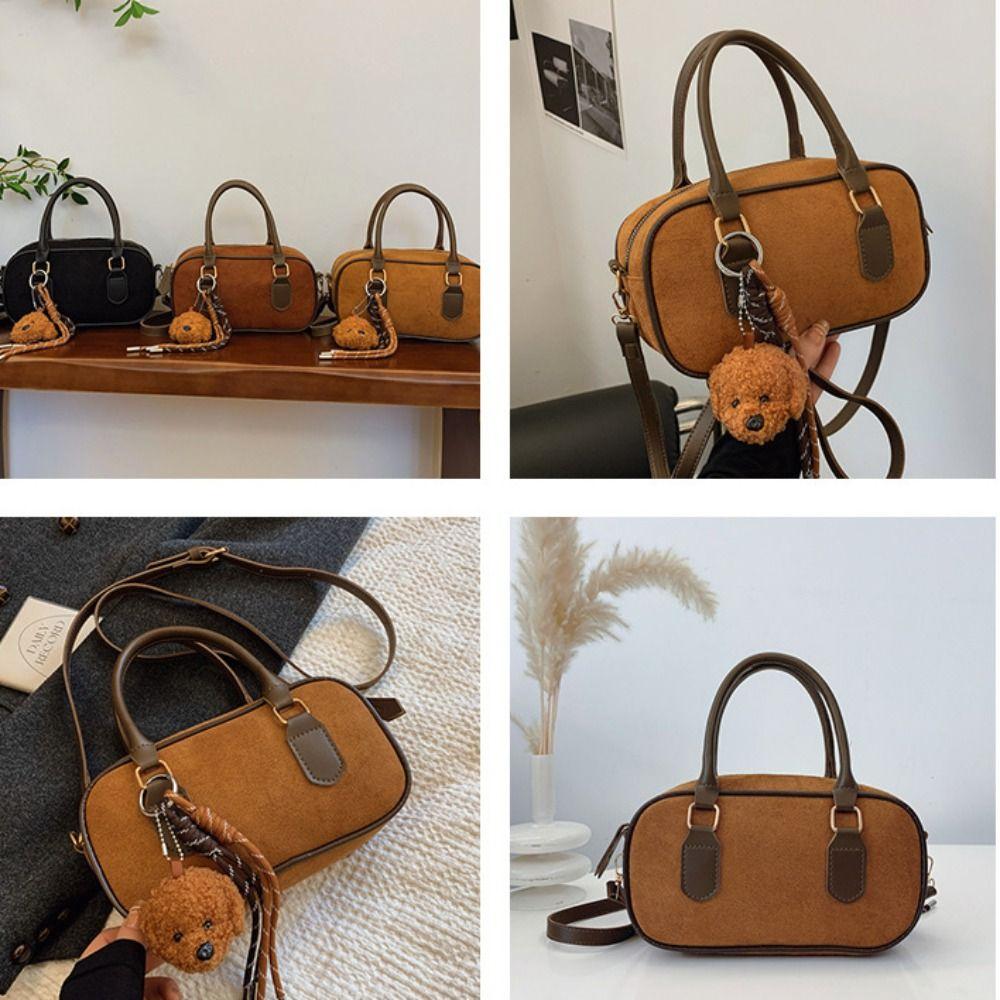 Ins PU Leather Suede Bowling Bag Handbag Korean Style Small Square Bag Large Capacity Solid Color Shoulder Bag Streetwear