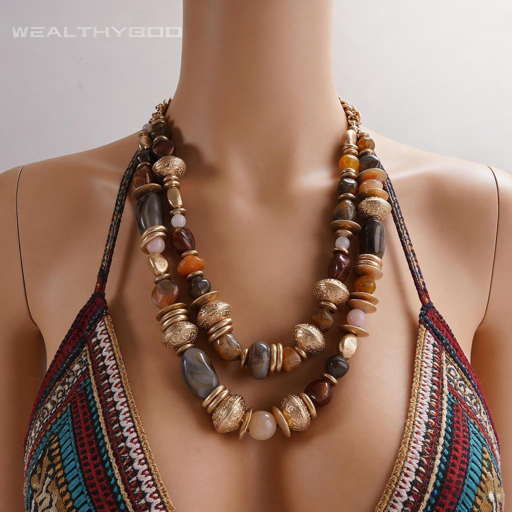 Layered Gold Tone Chunky Beaded Statement Necklace for Women Boho Vintage Style Adjustable Chain Fashion Jewelry Trendy Daily