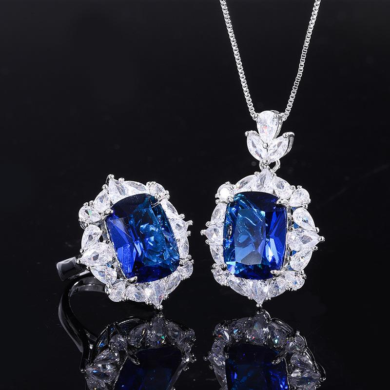 Jewelry Simulation Blue Glass Pendant Ring Handmade Diamond Set Main Stone 12 * 16