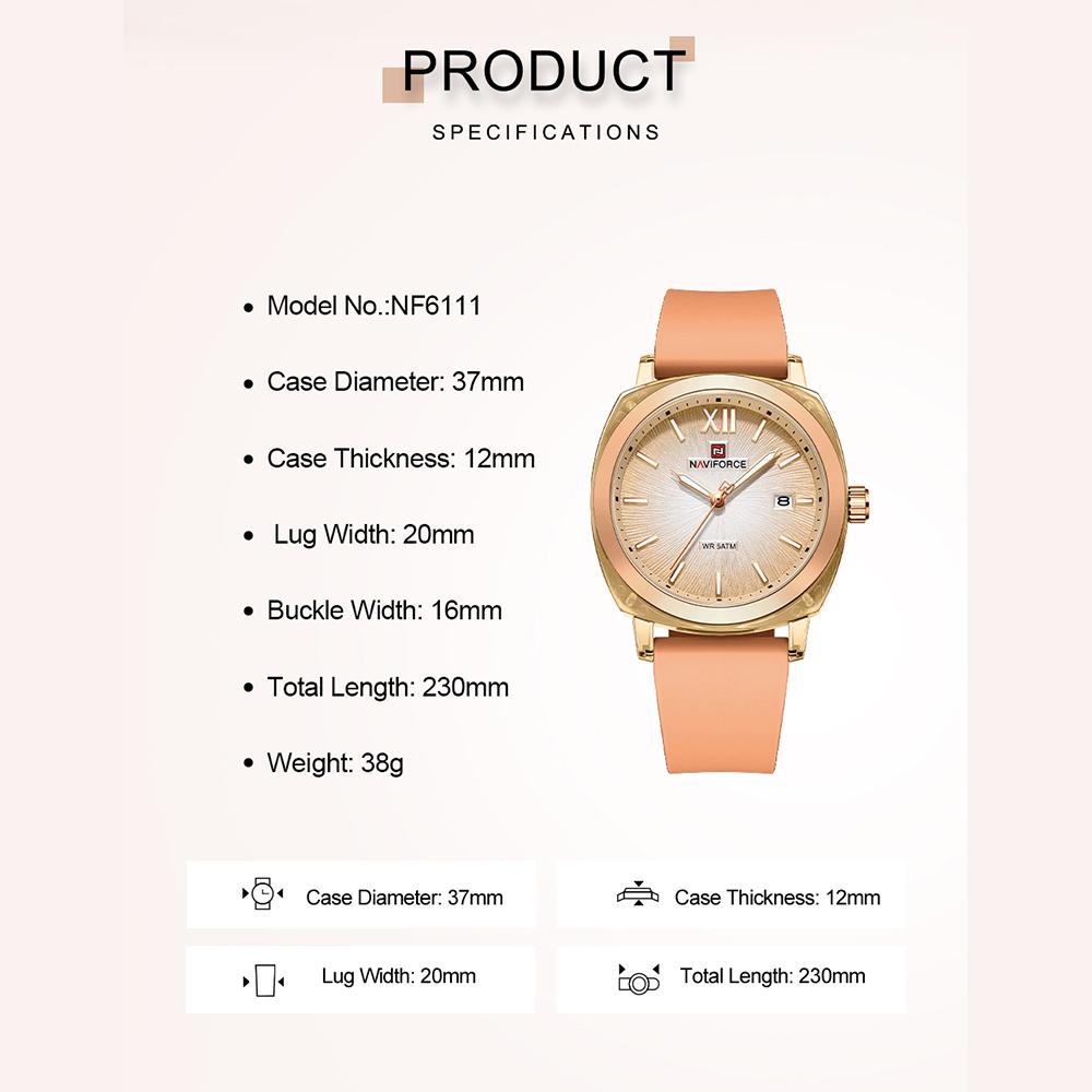 NAVIFORCE Original Calendar Watch for Women Quartz Movement Round Dial Luminous Hands Waterproof Silicone Strap Lady Light Watch NF6111