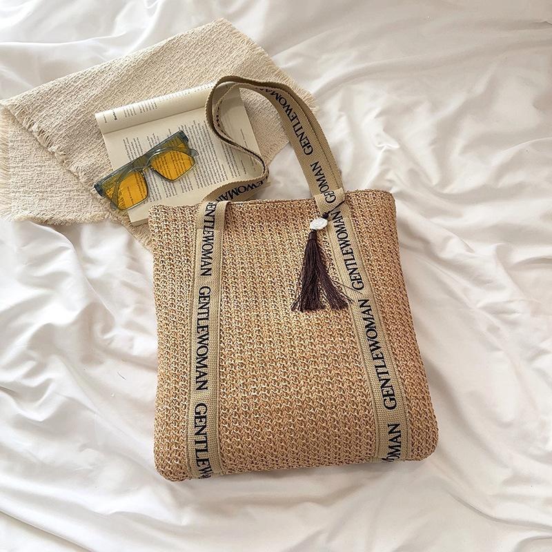 

Large capacity casual woven women s French temperament vacation beach trend straw woven underarm portable tote bag хаки