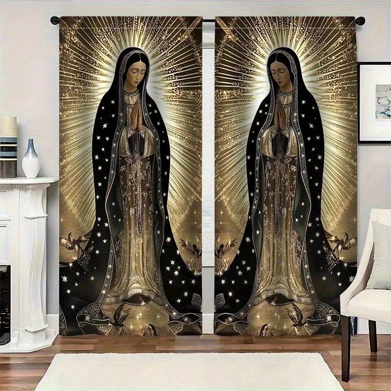 

Christmas Religious Print Curtains Pole Bag Bedroom Living Room Decoration Home Curtain For Area Made Of Polyester W100*H70(CM)-Hooks&1PCS