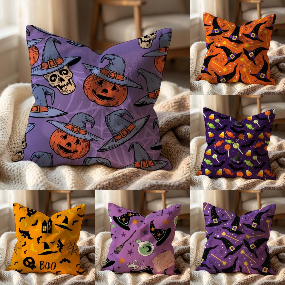 Halloween witch hat skull Cushion Cover Multi-Scene Pillow Cover for Home & Car - Reversible, Soft & Durable for Daily Use