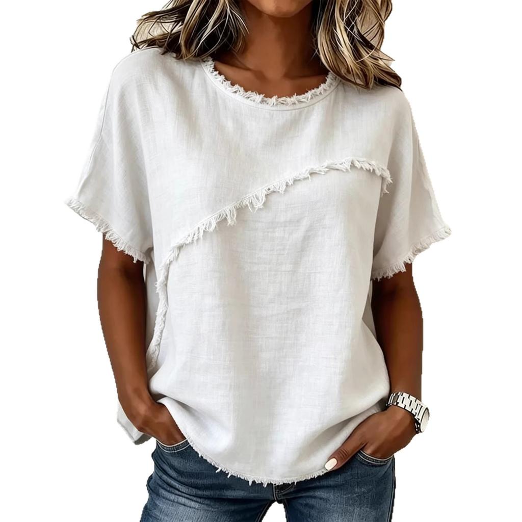 Women Loose Fit Short Sleeve Round Neck T-shirt with Distressed Raw Edge Seam Multi Colors