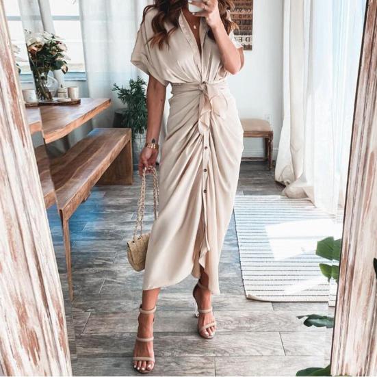 Short Sleeve Maxi Dress High Waist Women Buttons Solid Color Draped Tunic
