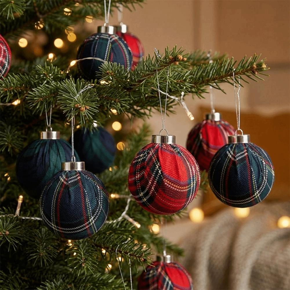 9Pcs Vintage Plaid Fabric Christmas Ball Set Grid Pattern Christmas Gift Spheres Home Decor