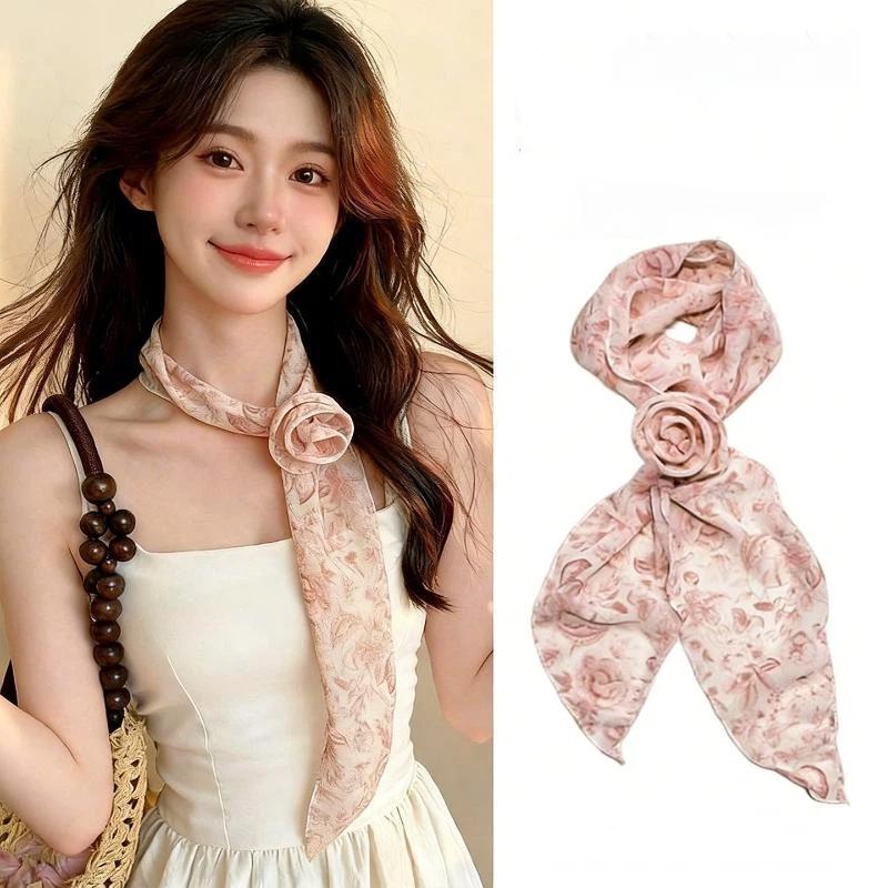 Floral Chiffon Scarf With Rose Decor Sweet Neck Scarf For Women Casual Dress Shirt Accessory