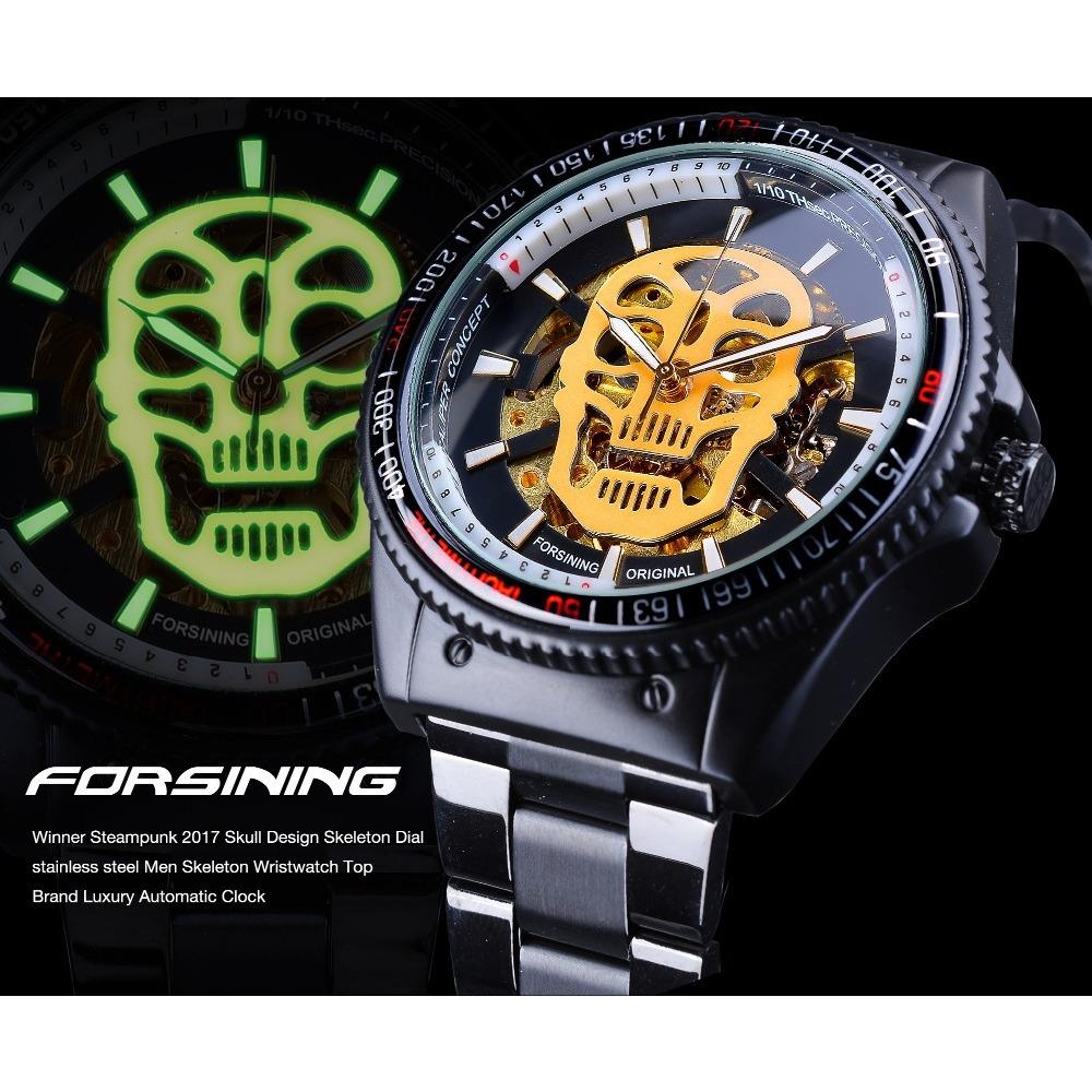 Forsining Men's Fashion Hollow Out Glow-in-the-dark Waterproof Skull Automatic Mechanical Watch