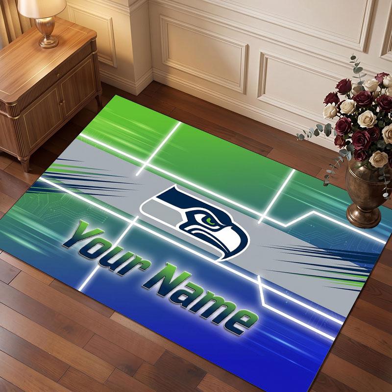 Seattle Seahawks Personalized Crystal Velvet Carpet, Customized Name Text Soft Anti‑Slip Rug for Living Room Bedroom