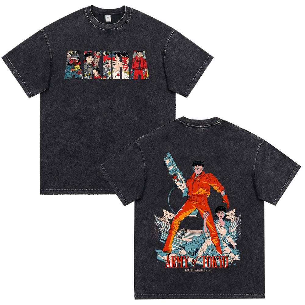 Anime Akira Vintage Washed T Shirt 90s Science Fiction Movie Shotaro Kaneda Short Sleeve T Shirts Cotton Casual Loose T-shirts