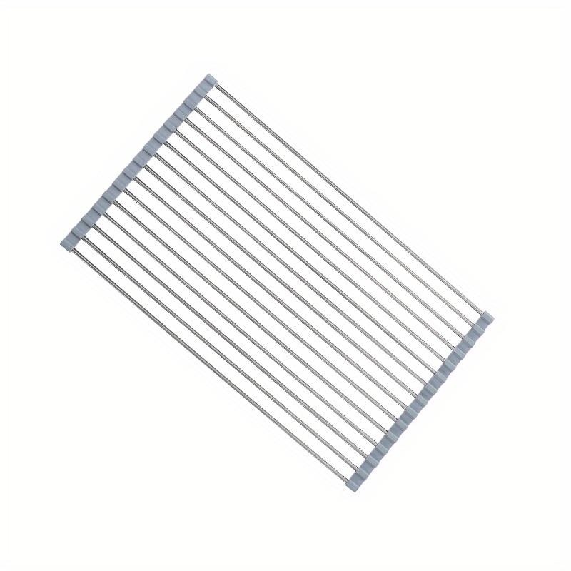 Premium stainless steel roll-up dish drying rack, space-saving, rust-resistant, easy-clean over-sink kitchen organizer.