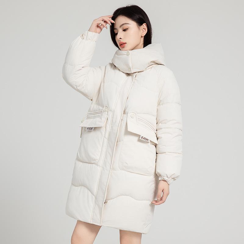 Damen Herbst- und Wintermantel Kontrastfarbe Locker Kapuze Mittellang Verdickt Winddicht Damenjacke 5 Farben