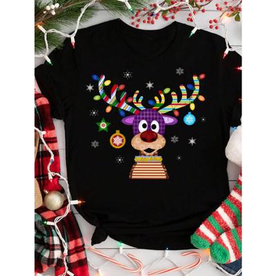 Women Casual Daily Wear Christmas Reindeer Print Short Sleeve T-Shirt, Summer