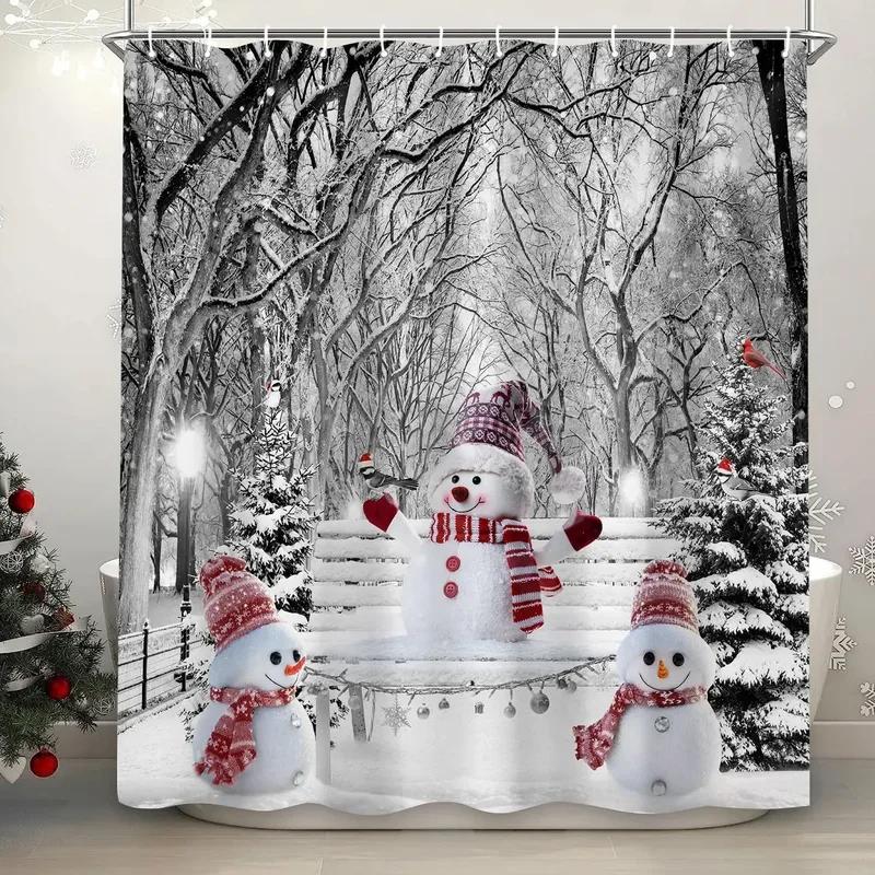Theme Shower Truck Christmas Tree Gift Deer Red Bird Pinecone Snow Scene Baths Curtain Bathroom DecorXT6