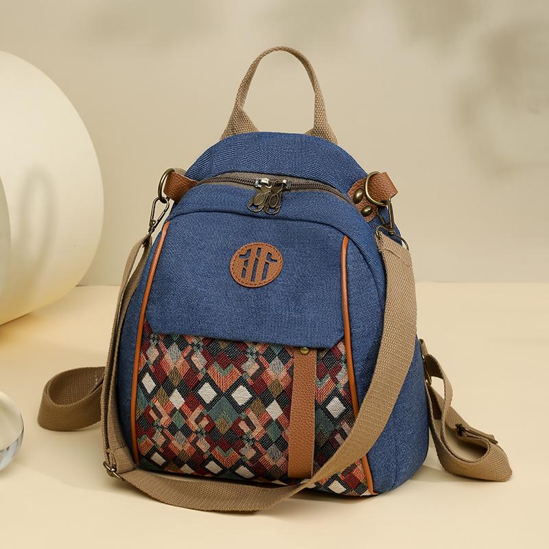 Vintage Color Block Backpack Ethnic Embroidery Shoulder Bag Large Capacity Backpack