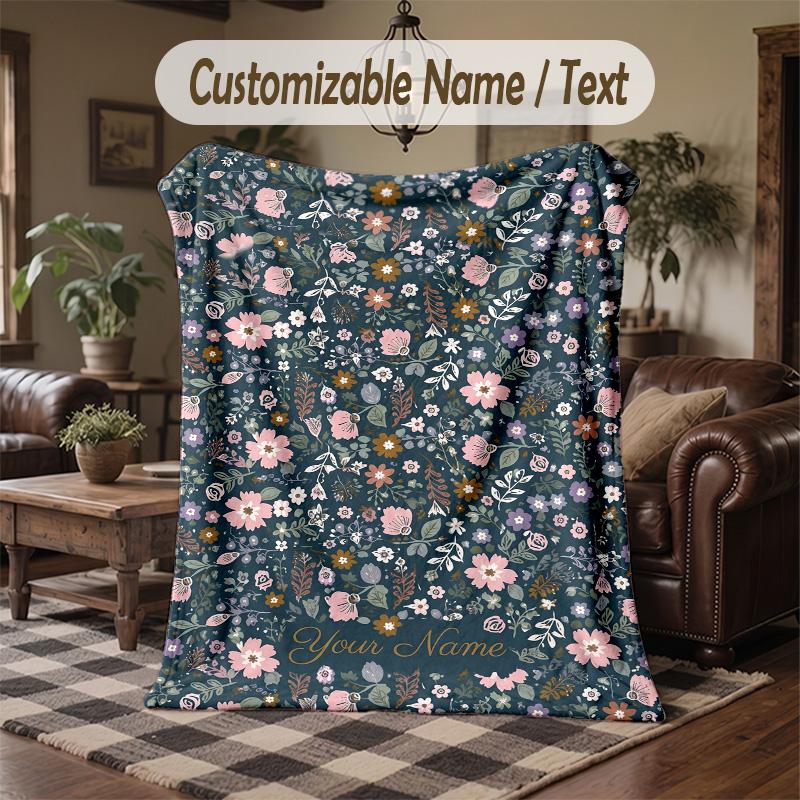 Floral Garden Dreams Theme Throw Blanket Custom Name Text Personalized Blanket Soft Cozy Blanket for Home Sofa Bed