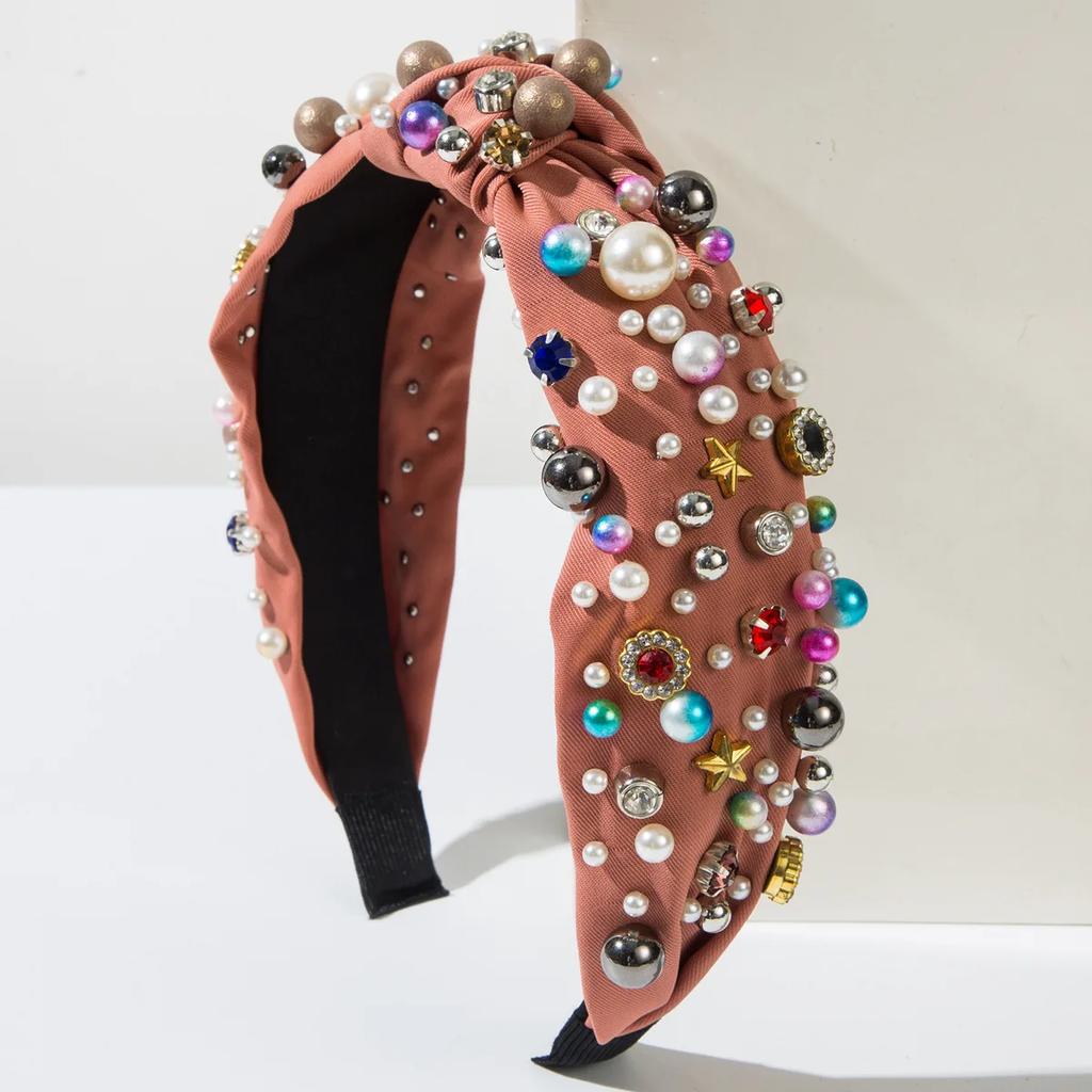 European and American Fabric Knotting Heavy Industry Nails Pearl Color High-quality Headband Versatile Hair Accessories