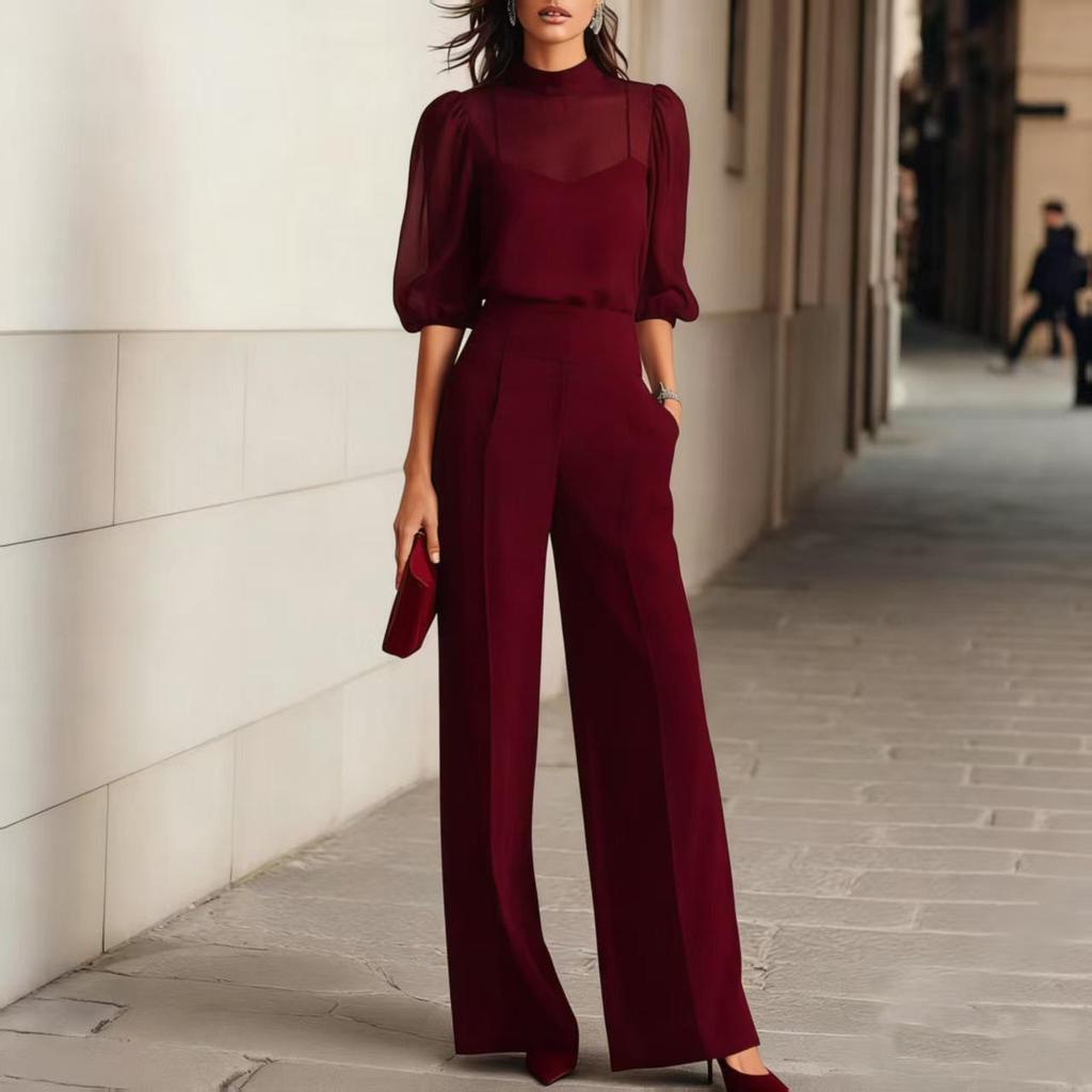 European & American Summer Fashion: Women's Slimming Printed Short Sleeve Top & Wide-Leg Pants Three-Piece Set
