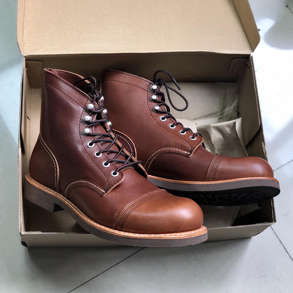 Dayanıklı Goodyear-Weltli Motosiklet Sağlam Miras Botları Vintage Yağ Gerçek Deri 8111 Kırmızı Punk Erkekler İçin Sığır Derisi Orta Kesim Ayakkabılar