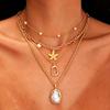 European Ocean Style Faux Pearl Clavicle Chain, Multi-layer Stackable Necklace with Starfish & Shell Pendants