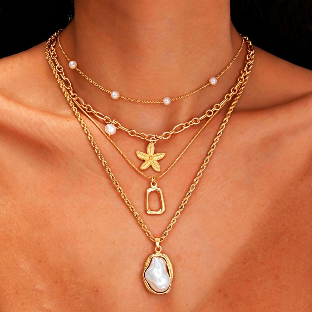 European Ocean Style Faux Pearl Clavicle Chain, Multi-layer Stackable Necklace with Starfish & Shell Pendants