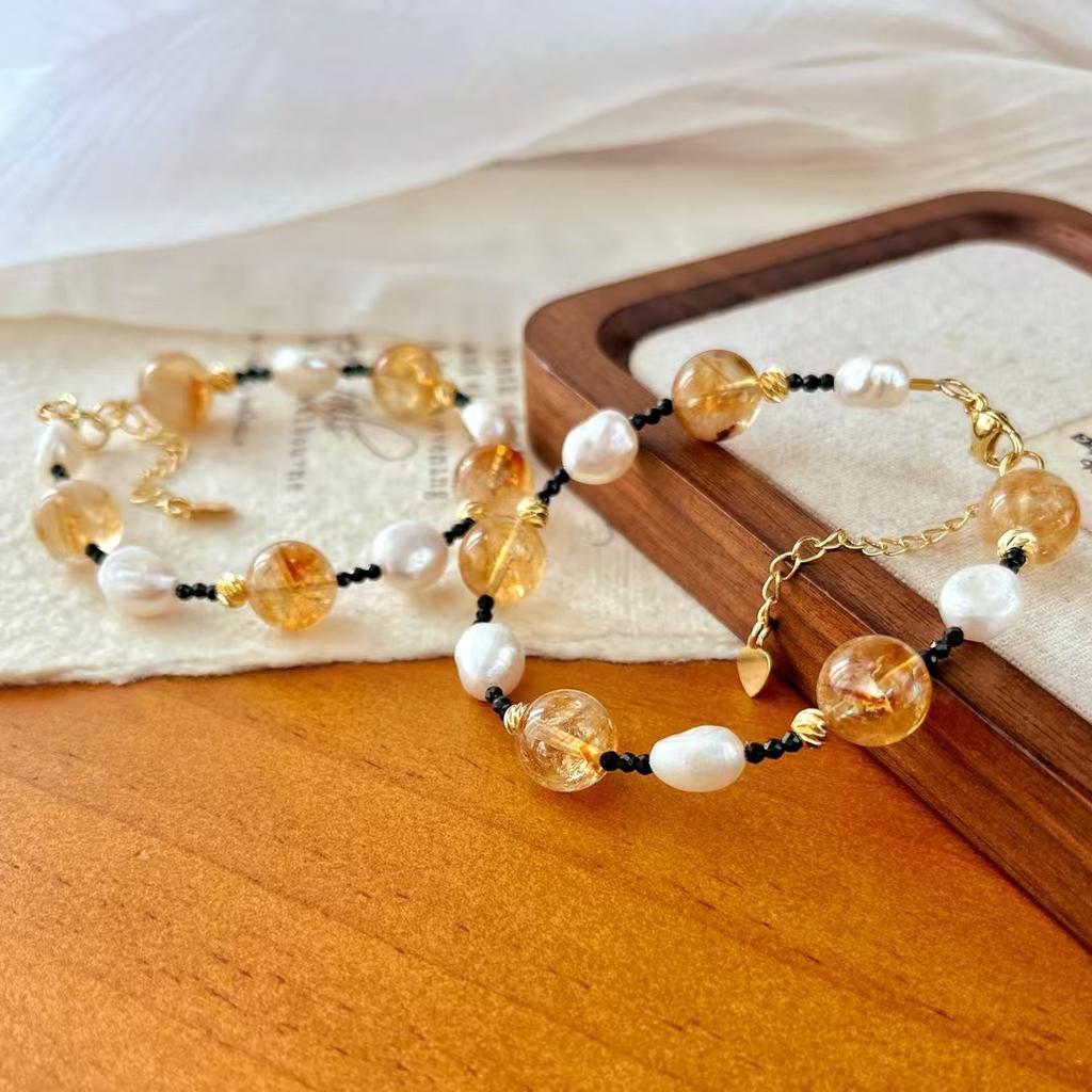 Retro High Quality Natural Freshwater Pearl Citrine Contrasting Color Design Bracelet