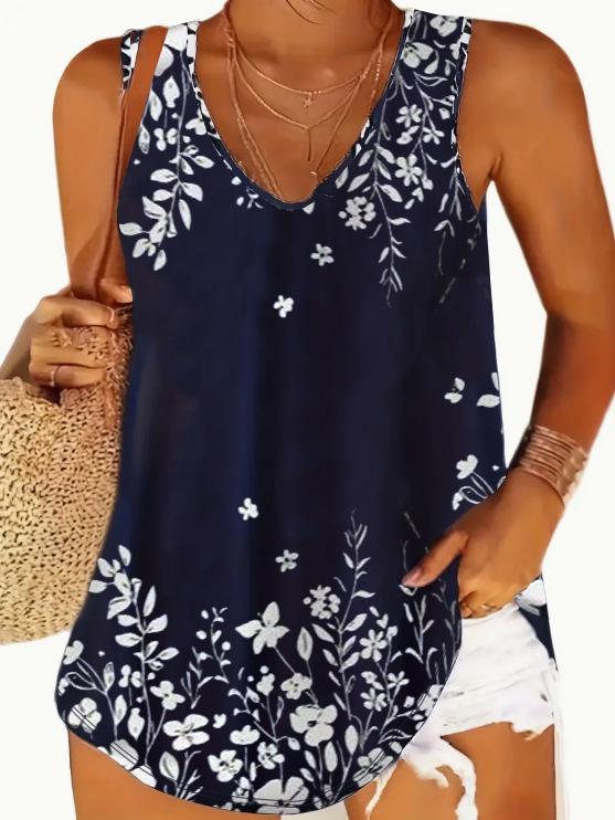 European Summer Fashion: Printed V-Neck Sleeveless Plus Size Casual Holiday Vest for Women