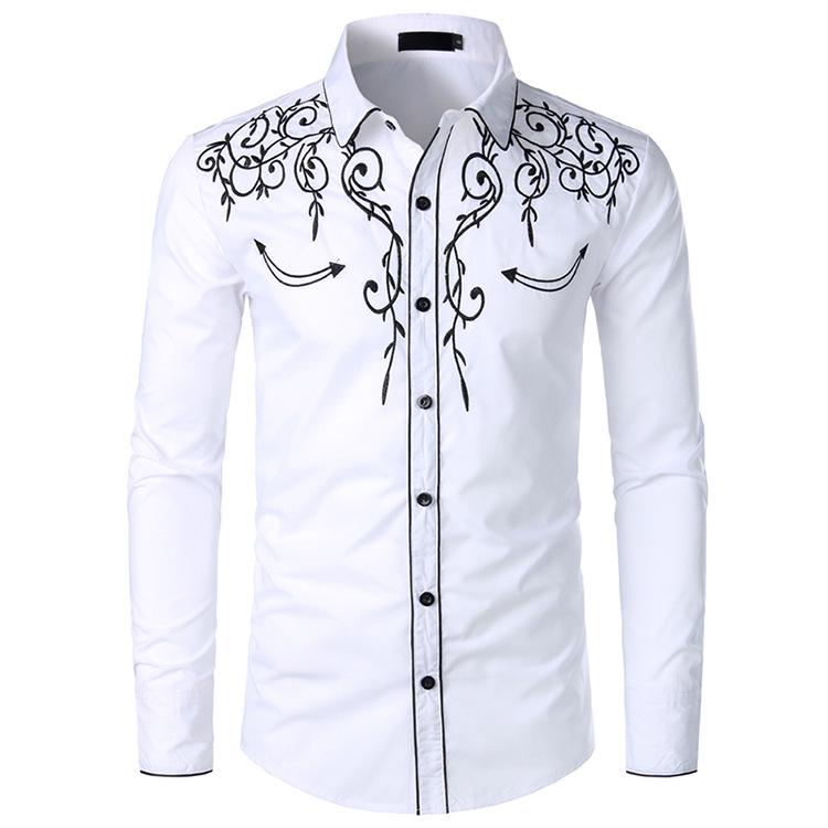 Mens Western Cowboy Embroidered Shirt Slim Fit Casual Long Sleeve Button Down Party Shirts S-2XL