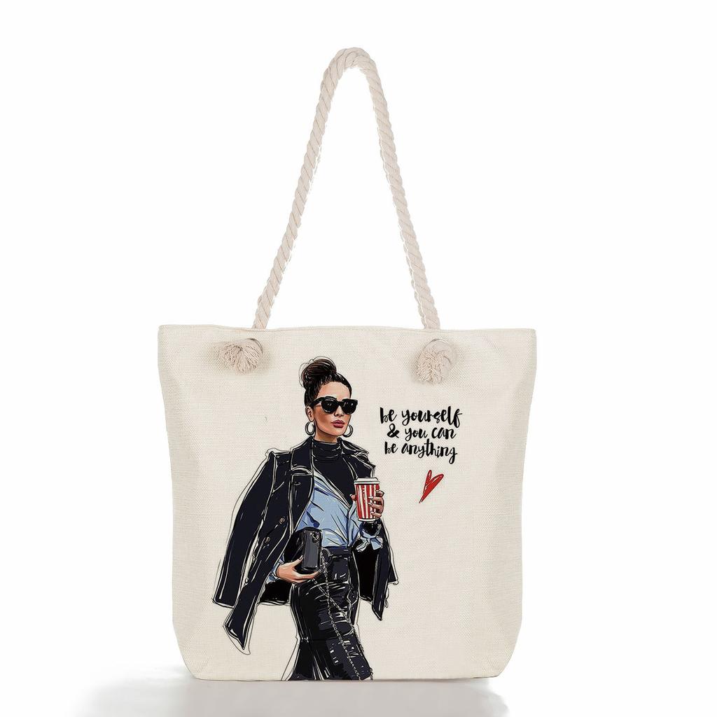 Multifunctional Coffee-colored Girl Printed Thick Rope Shoulder Beach Bag Casual Large Capacity Handbag 0107