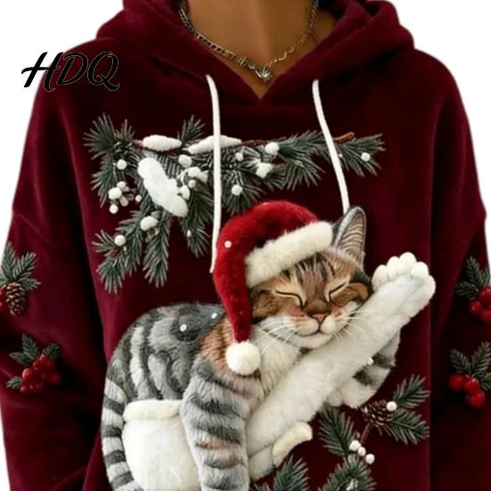 Christmas Cat Print Hoodie Women Hoodie Oversized Long Sleeve Pullover Sweatshirt Daily Wear Sweatshirt Casual Loose Drawstring Hooded Top