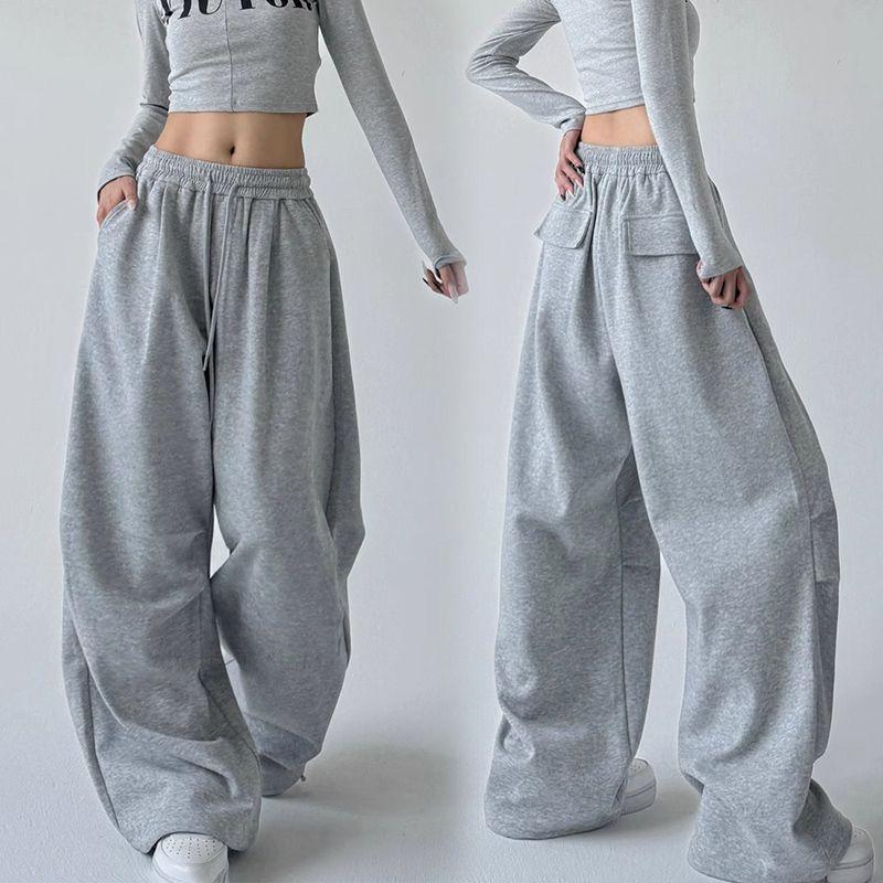 

American Gray Hip Hop Wide Leg Straight Mop Pants Female Jazz Drape Idle Style Loose Casual Track Sweatpants 617 gray wide leg drawstring high quality S