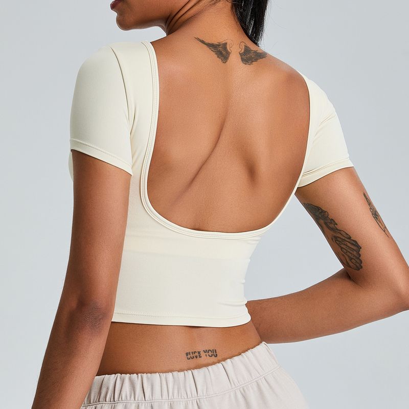 European and American Sexy Gyaru Short Sports T-shirt Women Fitness Short sleeve Large Backless Breathable Tight Yoga Clothes With Chest Pad