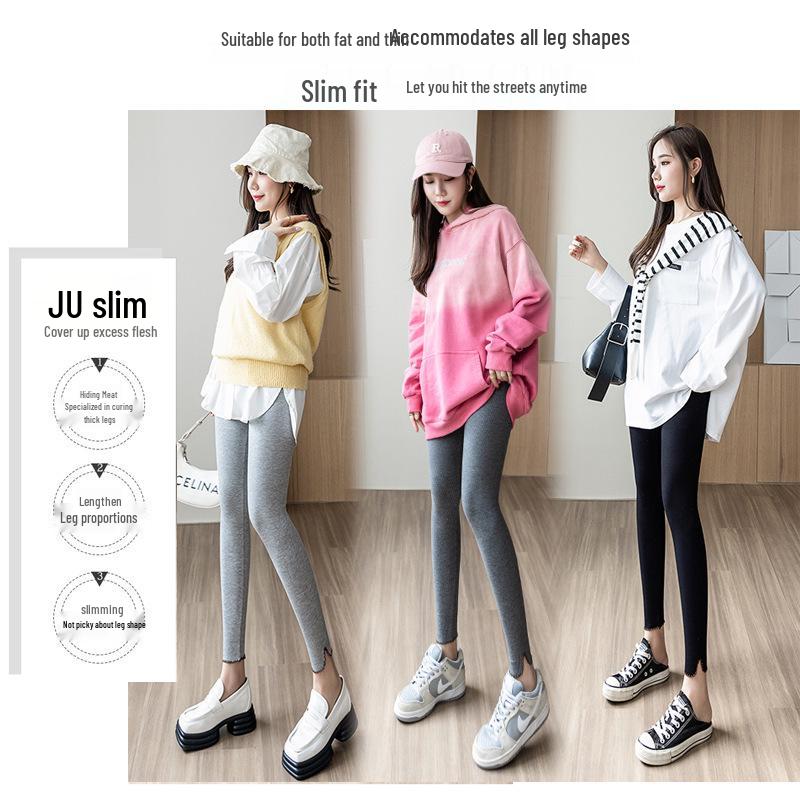 Women's Gray Cotton Skinny Tummy-Control Pants - Slimming, Elastic, Nine-Point Length, High Elasticity, Suitable for Outdoor Wear.