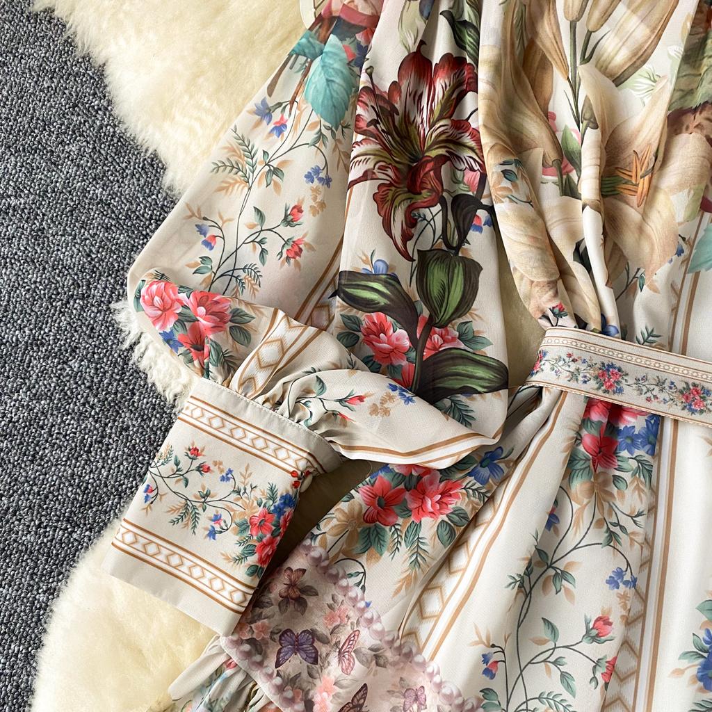 French Vintage Print One Piece Dress Women Lantern Sleeve Single Breasted Ladies Dresses Princess Lace Up Design Clothes