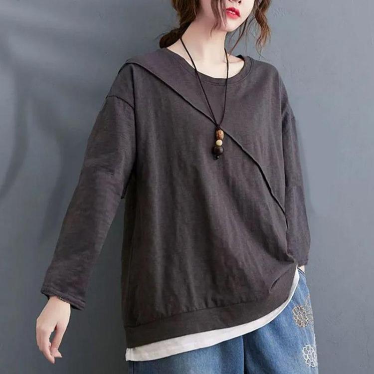 Women Oversized Pullovers Long Sleeves Round Neck Loose Tops Comfortable Stretch Cotton Blouse Solid Color Autumn Winter