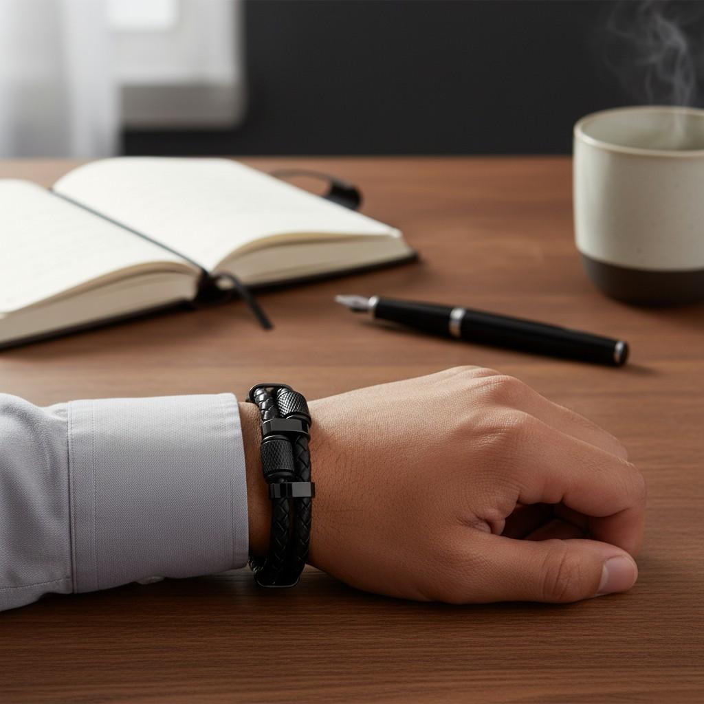 Men's Black Leather Bracelet Steel Magnetic Clasp 21cm