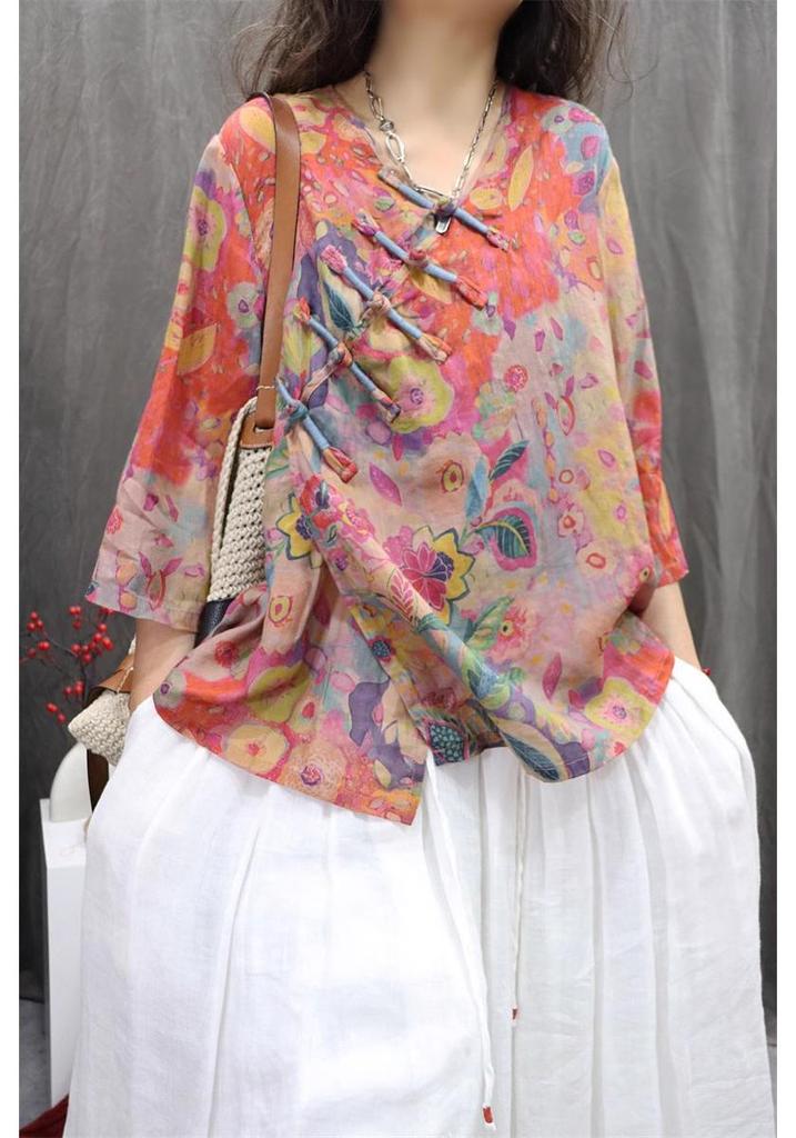 Asymmetrical Linen Frog Button Chinese Style Shirt, Spring/Summer 2026, Slimming Three-Quarter Sleeve Pullover.
