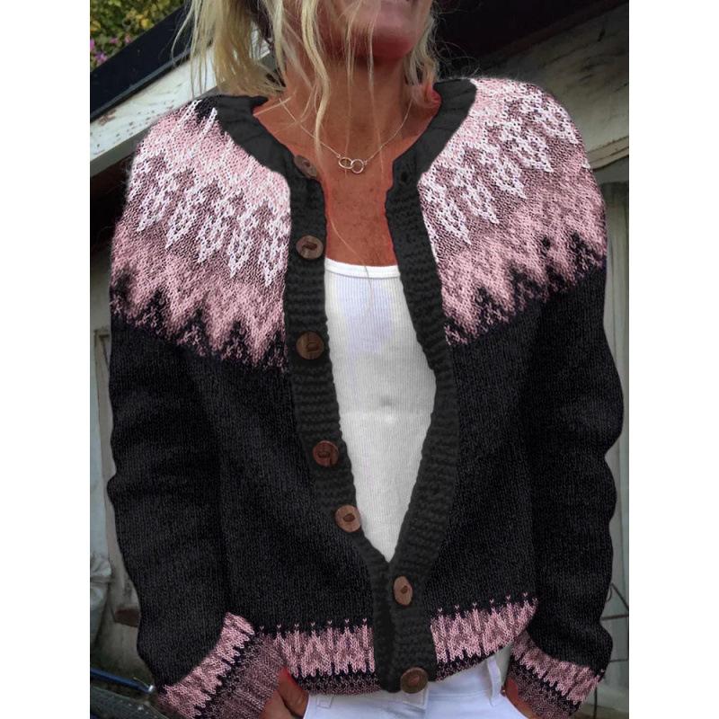 Cardigan Tricot Femme Col Rond Boutonnage Simple Imprimé Floral Manches Longues Vêtement d'Extérieur Décontracté