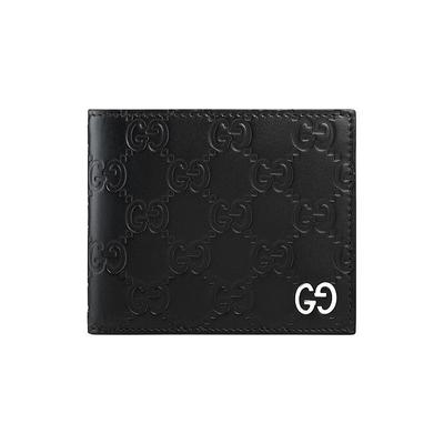 Portafoglio Pieghevole Corto in Pelle Testurizzata con Logo Double G Etichetta Argento Uomo Portafogli Nero 473916-CWC1N-1000