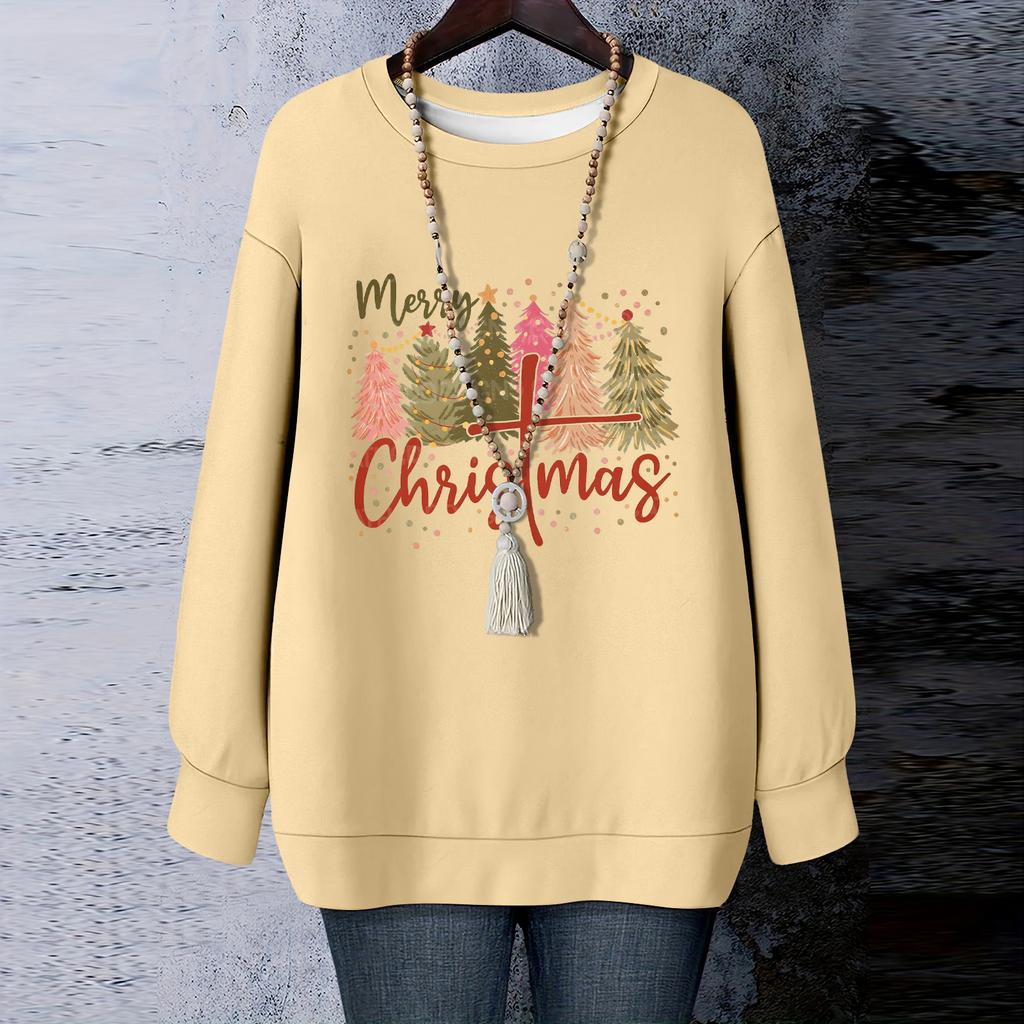 Ladies' Christmas Printed Round Neck Long Sleeved T-shirt Sweatshirt Top