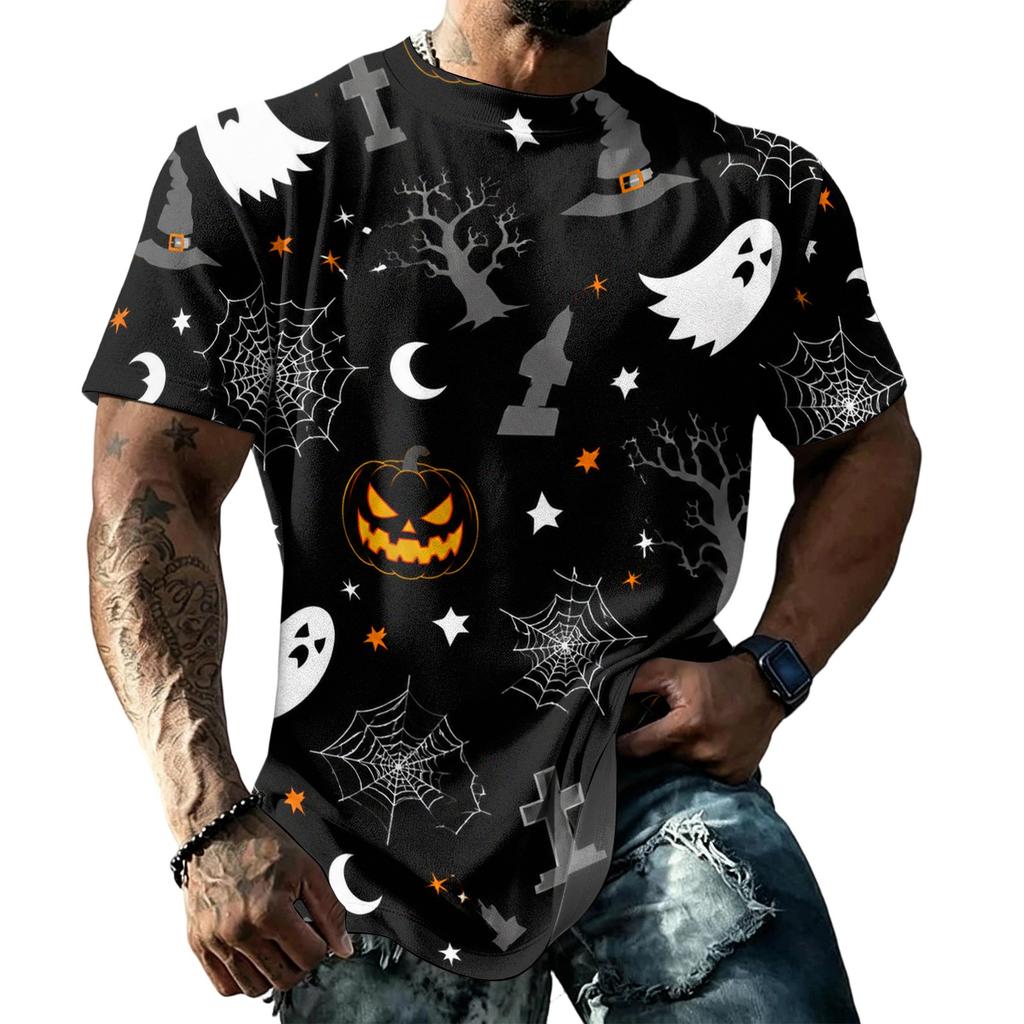 Unisex Loose Fit Casual Short Sleeve Halloween Print Shirt Comfortable Breathable Fabric Lightweight Top for Everyday Wear