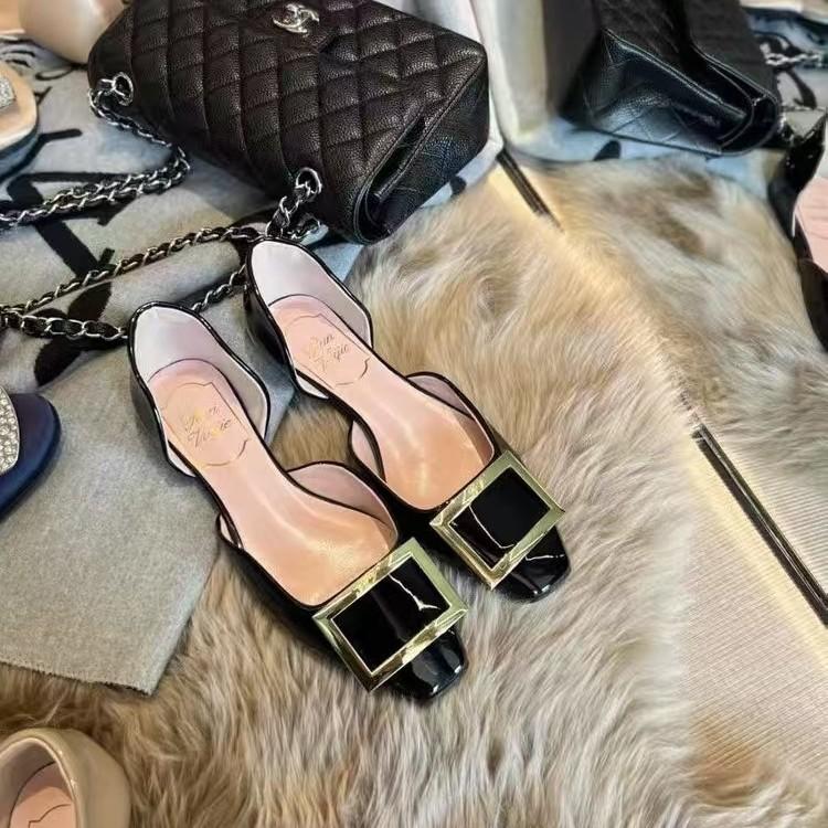 Fashion Single Shoes Commuter RV Square Buckle Patent Leather Square Head Shallow Mouth Hollow Flat Bottom Women's Single Shoes Versatile Low Heel