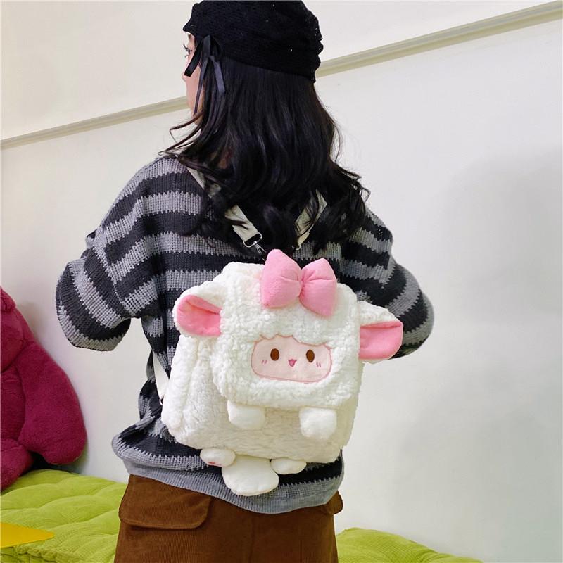 Cute Soft Lamb Plush Cartoon Backpack Curved Shoulder Straps Girls Students