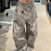 Vintage Leopard Print Low Rise Wide Leg Denim Pants Women Casual Loose Fit Jeans