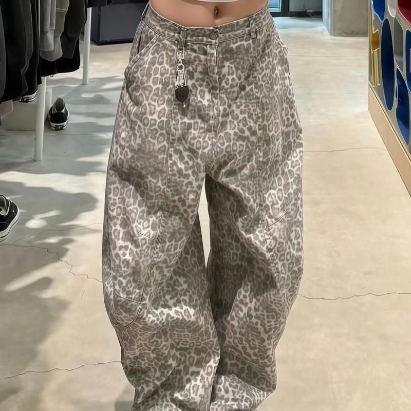 Vintage Leopard Print Low Rise Wide Leg Denim Pants Women Casual Loose Fit Jeans