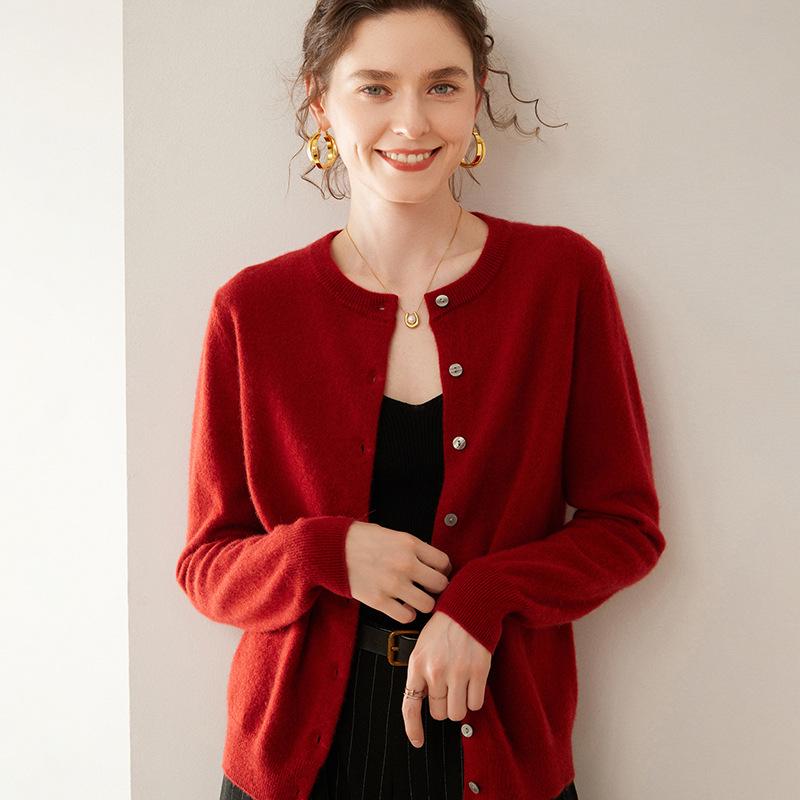 

Женский кашемировый кардиган с круглым вырезом - Однобортный, средней толщины, приятный к коже вязаный свитер для весны и осени 2XL (suitable for 135-150 jin)