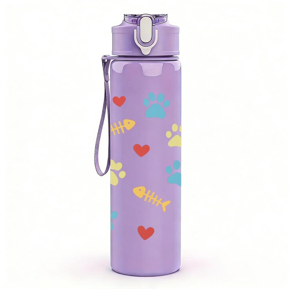 1PC Paw Print Heart Repeat Pattern 750ml Color Plastic Sports Water Bottle Leakproof Flip Straw Lid Suitable for Sports Office Home Use